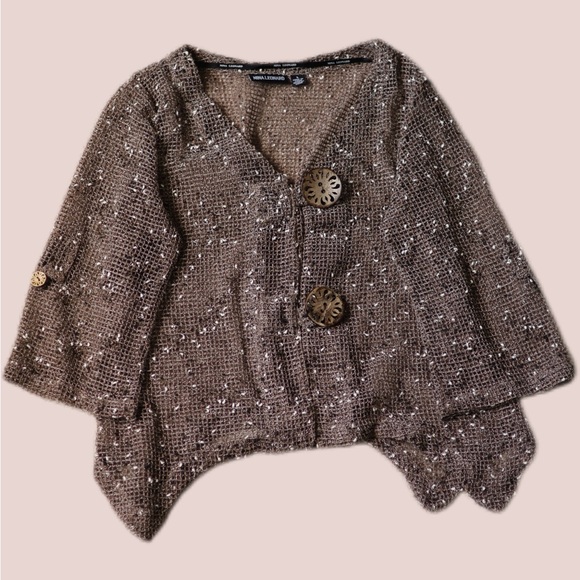 Nina Leonard Textured Brown Poncho with Button Accents - Picture 1 of 2